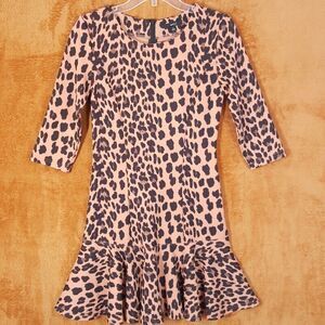 VERY J Womens Dress Small Tan Leopard Sheath Ruffle Flare Ponte Stretch
